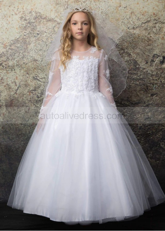 Long Sleeves Beaded Lace Tulle Tea Length Flower Girl Dress